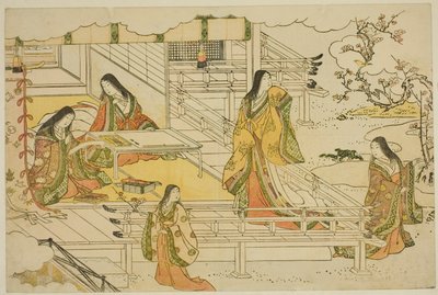La primera caligrafía del año nuevo (Kissho hajime), del libro ilustrado "Colores del triple amanecer (Saishiki mitsu no asa)" de Torii Kiyonaga