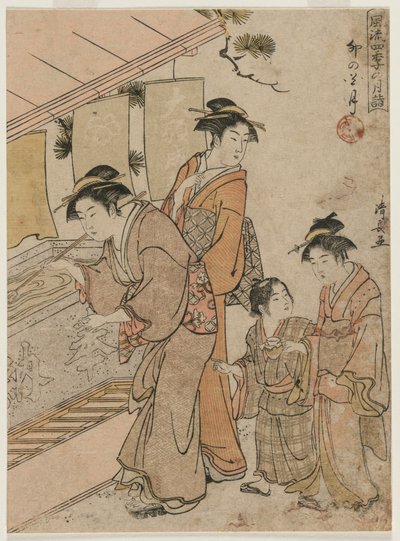 El cuarto mes de la serie Visitas mensuales de moda a templos en las cuatro estaciones, 1784 de Torii Kiyonaga