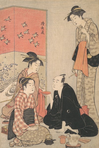 El actor de Kabuki Sawamura Sojuro III y cortesanas de Torii Kiyonaga