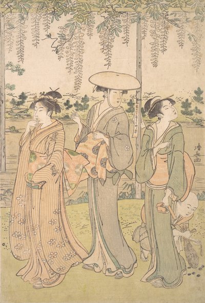 Tres mujeres y un niño pequeño bajo una pérgola de glicinas en la orilla de un arroyo, ca. 1790 de Torii Kiyonaga