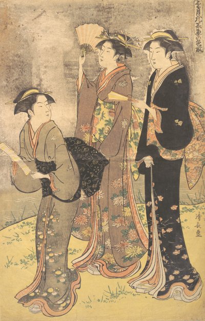Tres mujeres jóvenes paseando por la orilla del río Sumida de Torii Kiyonaga