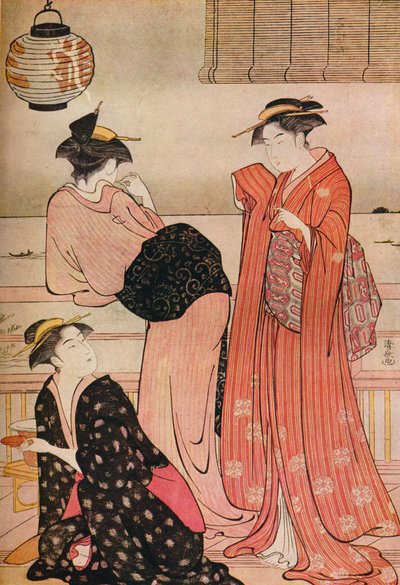 Tres chicas en la veranda de una casa de té con vista a la bahía de Edo en Shinagawa, c1752-1815 de Torii Kiyonaga