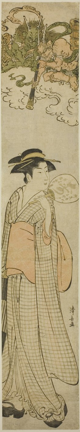 Dioses del trueno espiando a una belleza a través de un telescopio de Torii Kiyonaga