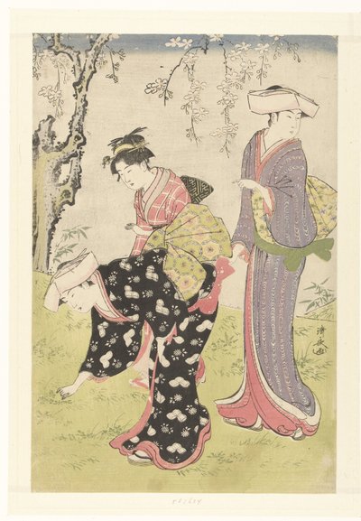 Dos mujeres y una niña bajo un cerezo en flor Brocados con usos y costumbres en Oriente (título de la serie) Fuzoku Azuma no Nishiki (título de la serie) de Torii Kiyonaga