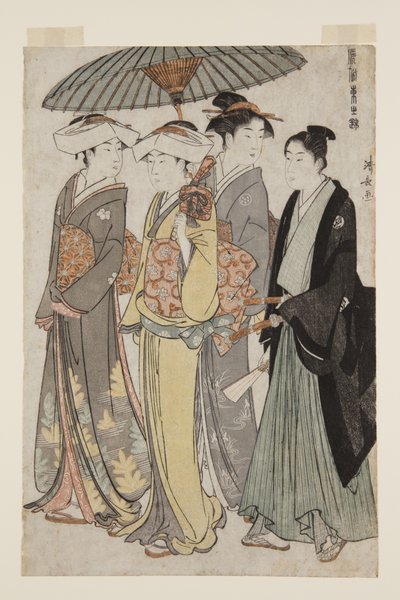 Dos hijas de un abanderado con una sirvienta y un joven de Torii Kiyonaga