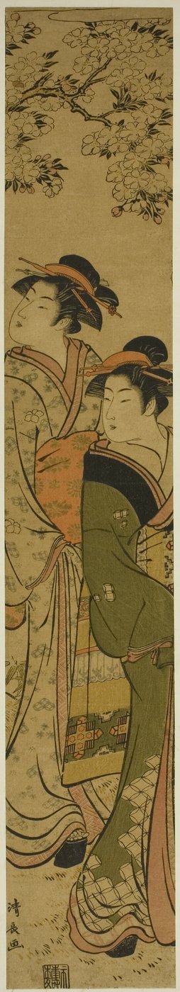 Dos geishas caminando bajo un cerezo de Torii Kiyonaga