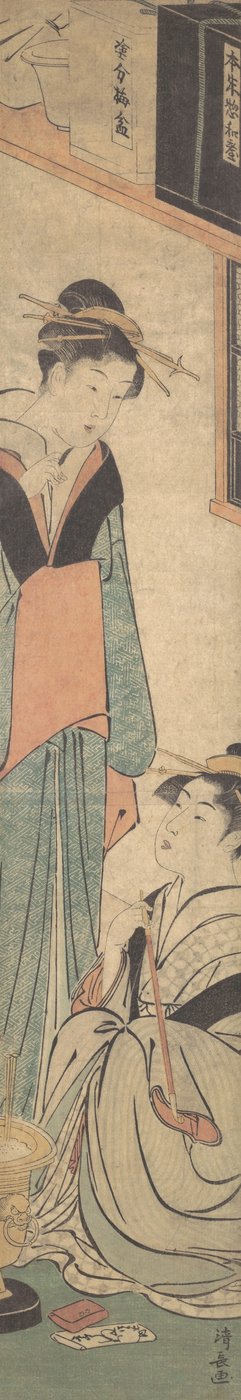 Dos chicas hablando cerca del brasero Hibachi de Torii Kiyonaga