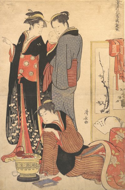 Dos mujeres de pie, sosteniendo a un niño, ca. 1785 de Torii Kiyonaga