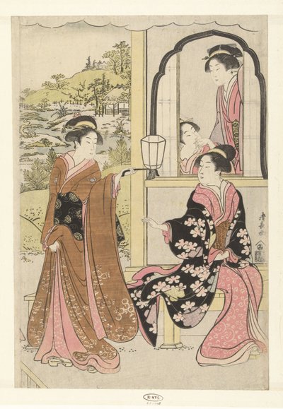 Cuatro damas de compañía escuchando la flauta de Yoshitsune de Torii Kiyonaga