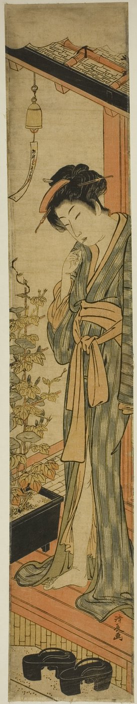 Mujer admirando glorias de la mañana mientras se cepilla los dientes de Torii Kiyonaga