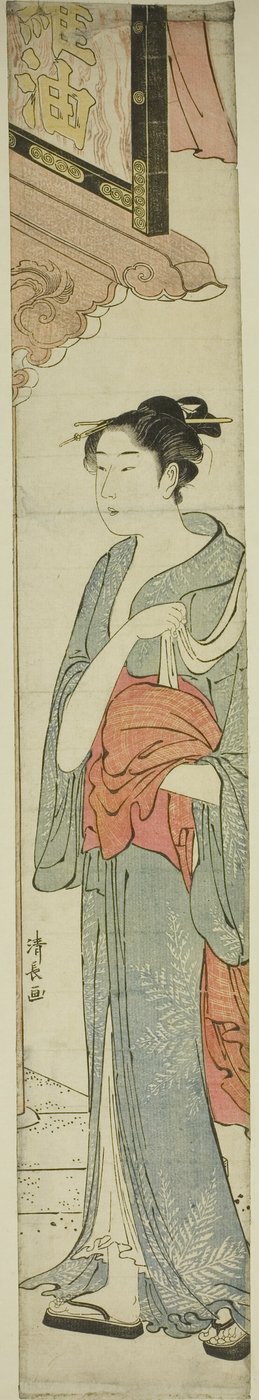 Mujer caminando bajo un letrero de tienda de Torii Kiyonaga