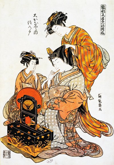Mujer frente al espejo mientras le peinan el cabello, impresión de arte ukiyo-e por Torii Kiyonaga (1751-1815), xilografía, civilización japonesa, período Edo de Torii Kiyonaga
