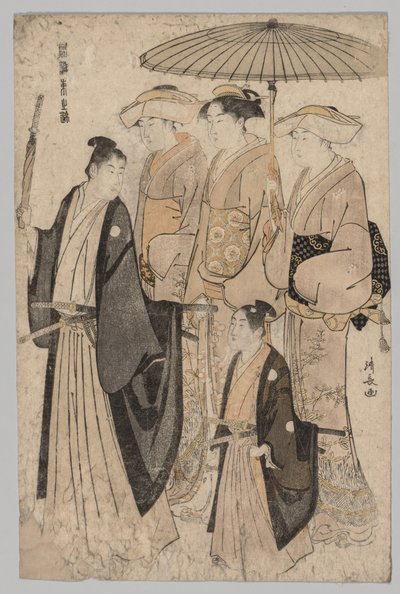 Mujer de Yoshiwara y asistentes (de la serie Brocados del Este en la moda) de Torii Kiyonaga