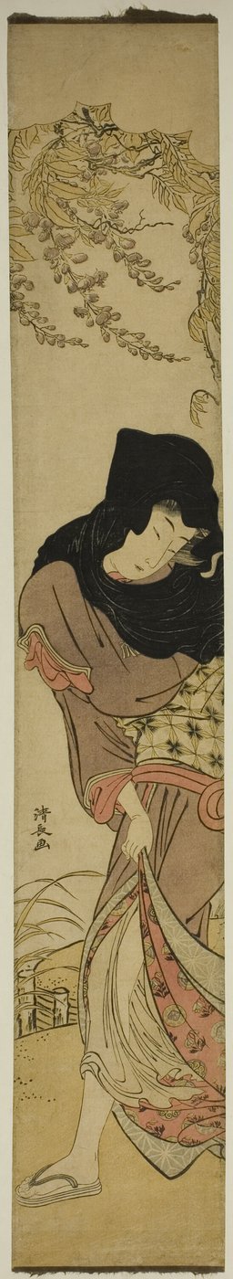 Mujer bajo glicinia azotada por el viento de Torii Kiyonaga