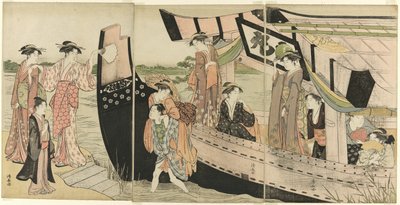 Mujeres desembarcando de un barco de recreo en el río Sumida de Torii Kiyonaga