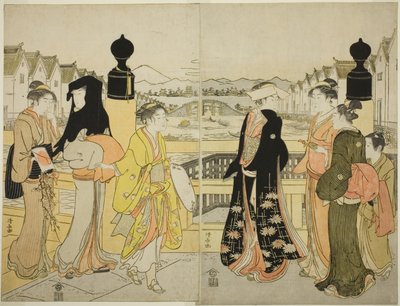 Mujeres cruzando el puente Nihonbashi de Torii Kiyonaga