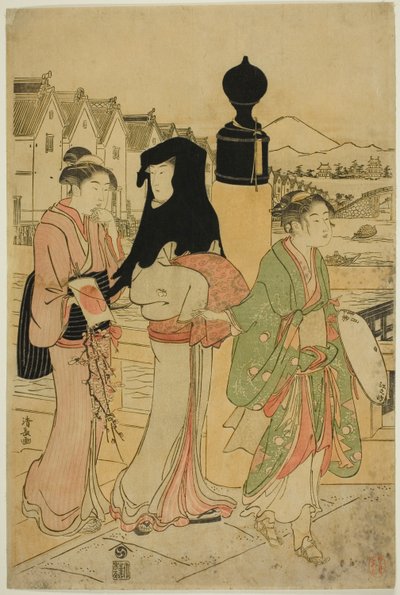 Mujeres cruzando el puente Nihonbashi de Torii Kiyonaga
