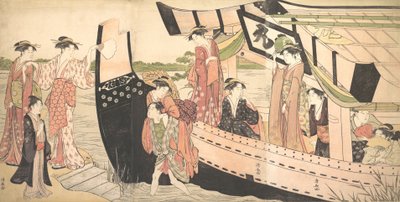 Mujeres desembarcando de un bote de placer en la orilla en Mukojima en el río Sumida, ca. 1785 de Torii Kiyonaga