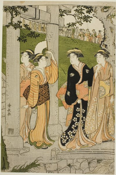 Mujeres visitando el Santuario Mimeguri de Torii Kiyonaga