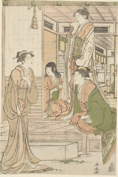 Yoshitsune dándole una serenata a Joruri hime. de Torii Kiyonaga