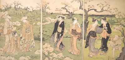 Jóvenes viendo flores de cerezo en Asukayama de Torii Kiyonaga