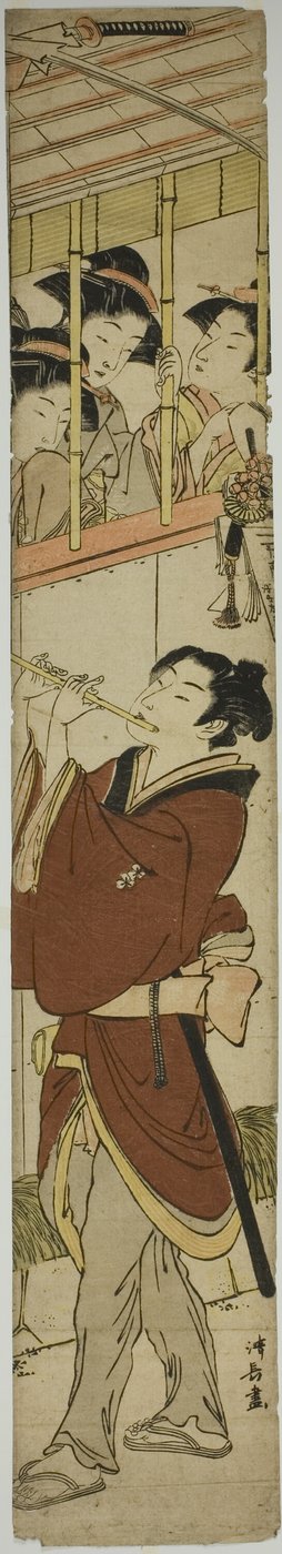 Joven tocando la flauta mientras tres chicas observan de Torii Kiyonaga