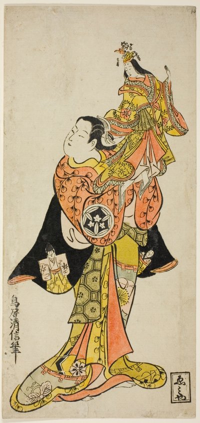 El actor Yamashita Kinsaku sosteniendo una marioneta de la Emperatriz en la obra "Diario de un viaje por mar a Izu (Funadama Izu Nikki)", representada en el Teatro Nakamura en el primer mes de 1725 de Torii Kiyonobu II
