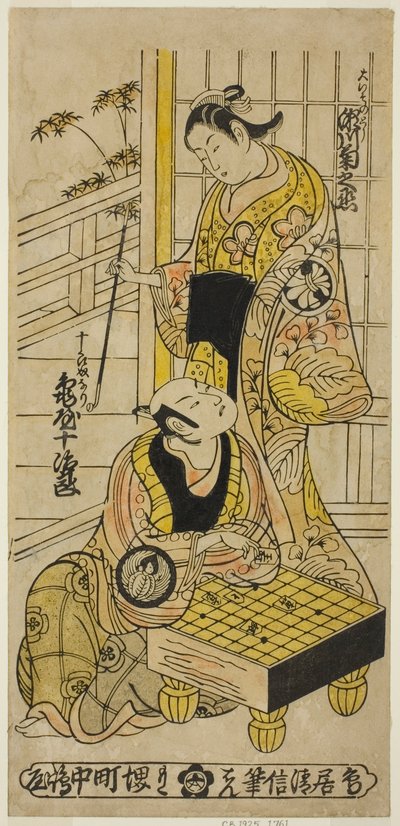 Los actores Kameya Jujiro I como Soga no Juro y Segawa Kikunojo I como Oiso no Tora en la obra "Hatsu Hikage Maizuru Soga," representada en el Teatro Nakamura en el primer mes, 1737 de Torii Kiyonobu II