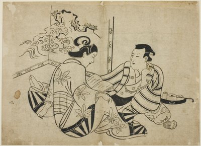 Leyendo una carta frente a una pantalla, de una serie sin título de 12 impresiones de Torii Kiyonobu I