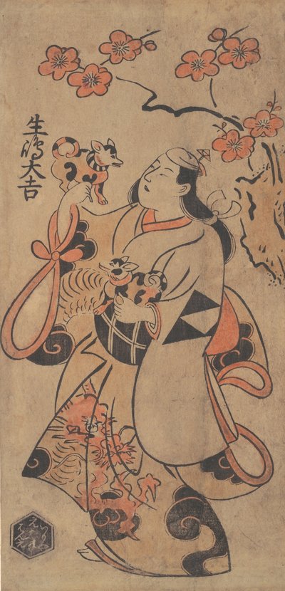 El actor Ikushima Daikichi como una mujer bajo un árbol de ume, ca. 1705 de Torii Kiyonobu I