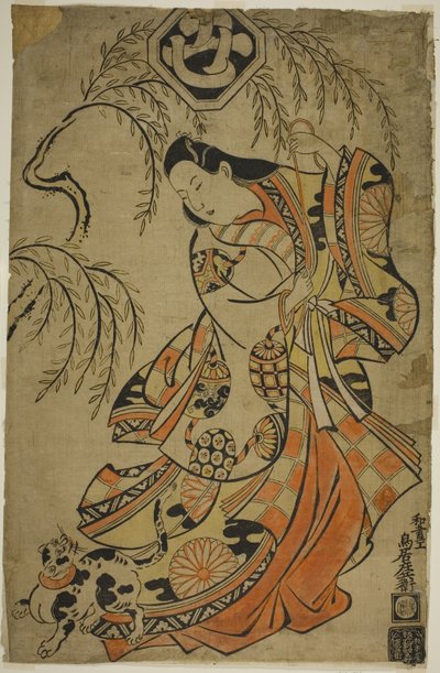 El actor Uemura Kichisaburo como la tercera princesa en la obra Wakoku Gosuiden, representada en el teatro Morita en el tercer mes de Torii Kiyonobu I