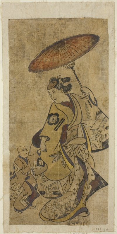 Los actores Matsumoto Hyozo como una mujer sosteniendo un paraguas y Nakamura Shichisaburo I como un niño pequeño de Torii Kiyonobu I