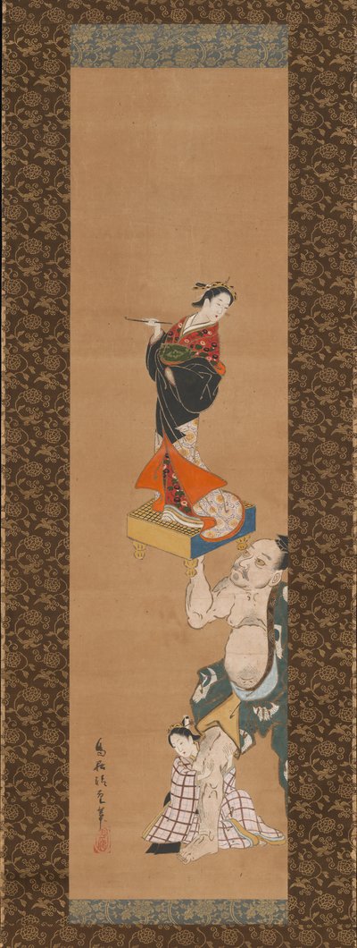 El guerrero Asahina Yoshihide levantando una marioneta de una cortesana en un tablero de Go, mediados del siglo XVIII de Torii Kiyoshige