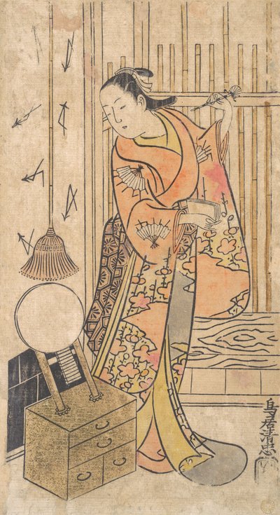 Actor como una mujer de pie junto a un espejo, ca. 1735 de Torii Kiyotada