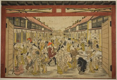 La puerta principal, Nueva Yoshiwara, hacia 1745 (xilografía coloreada a mano; toku-oban yoko-e, beni-e) de Torii Kiyotada