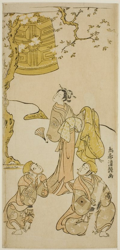 Los actores Segawa Kikunojo II, Ichikawa Komazo II y Arashi Otohachi I en la obra "Fude Hajime Soga no Tamazusa," representada en el Teatro Nakamura en el primer mes de 1768 de Torii Kiyotsune