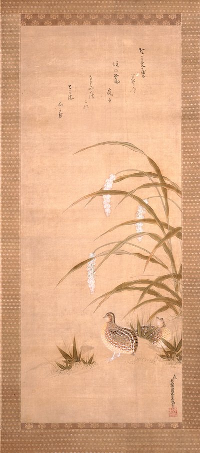 Quail And Millet (tinta y color sobre seda) de Tosa Mitsunari