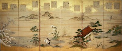 Biombo de seis paneles con pájaros y flores de los doce meses (tinta, color y pan de oro sobre papel) de Tosa Mitsunari