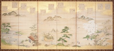 Biombo de seis paneles con pájaros y flores de los doce meses (tinta, color y pan de oro sobre papel) de Tosa Mitsunari