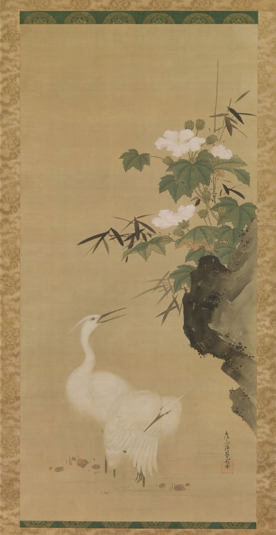 Garzas y rosas de algodón de Tosa Mitsuoki