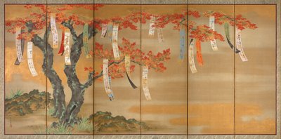 Cerezo en flor y arces de otoño con poemas de Tosa Mitsuoki