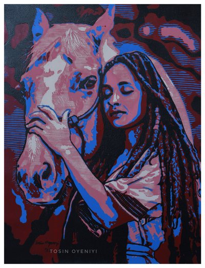 Abrazo entre una mujer y un caballo de Tosin Oyeniyi