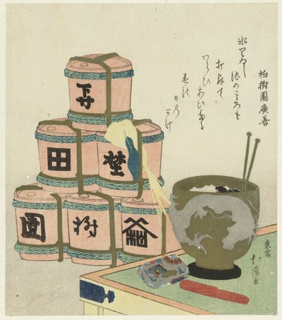 Brasero y barriles de sake apilados de Totoya Hokkei