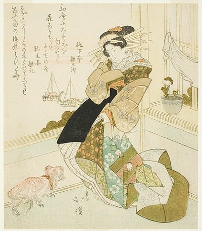 Cortesana y perro pequinés en Año Nuevo de Totoya Hokkei