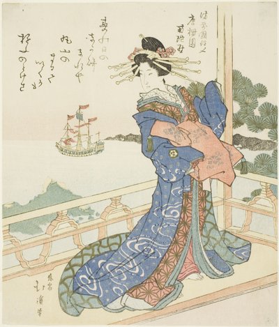 Cortesana observando un barco extranjero desde el balcón de Totoya Hokkei