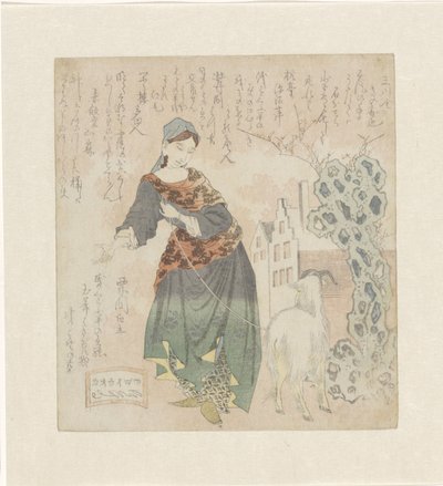 mujer europea con cabra de Totoya Hokkei