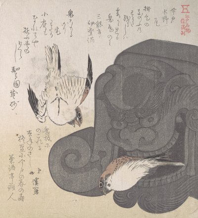 Teja de techo y gorriones, especialidades de Mizuno en Imado, siglo XIX de Totoya Hokkei