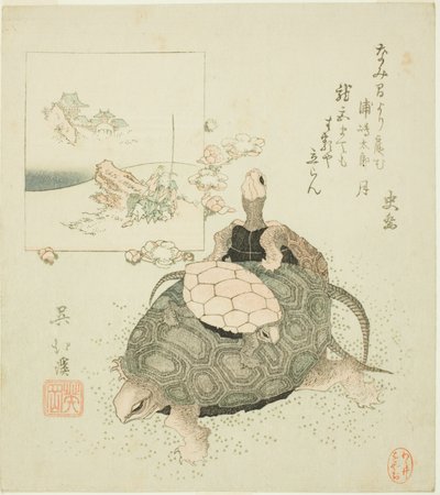 Tortugas marinas y Urashima Taro de Totoya Hokkei