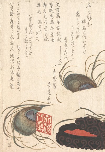 Piedra de sello y tinta de sello con plumas de pavo real, del álbum de surimono de la lluvia de primavera de Totoya Hokkei