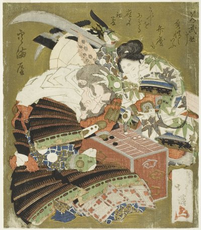 Ushiwakamaru (Minamoto no Yoshitsune) derrota a Benkei en un juego de sugoroku de Totoya Hokkei